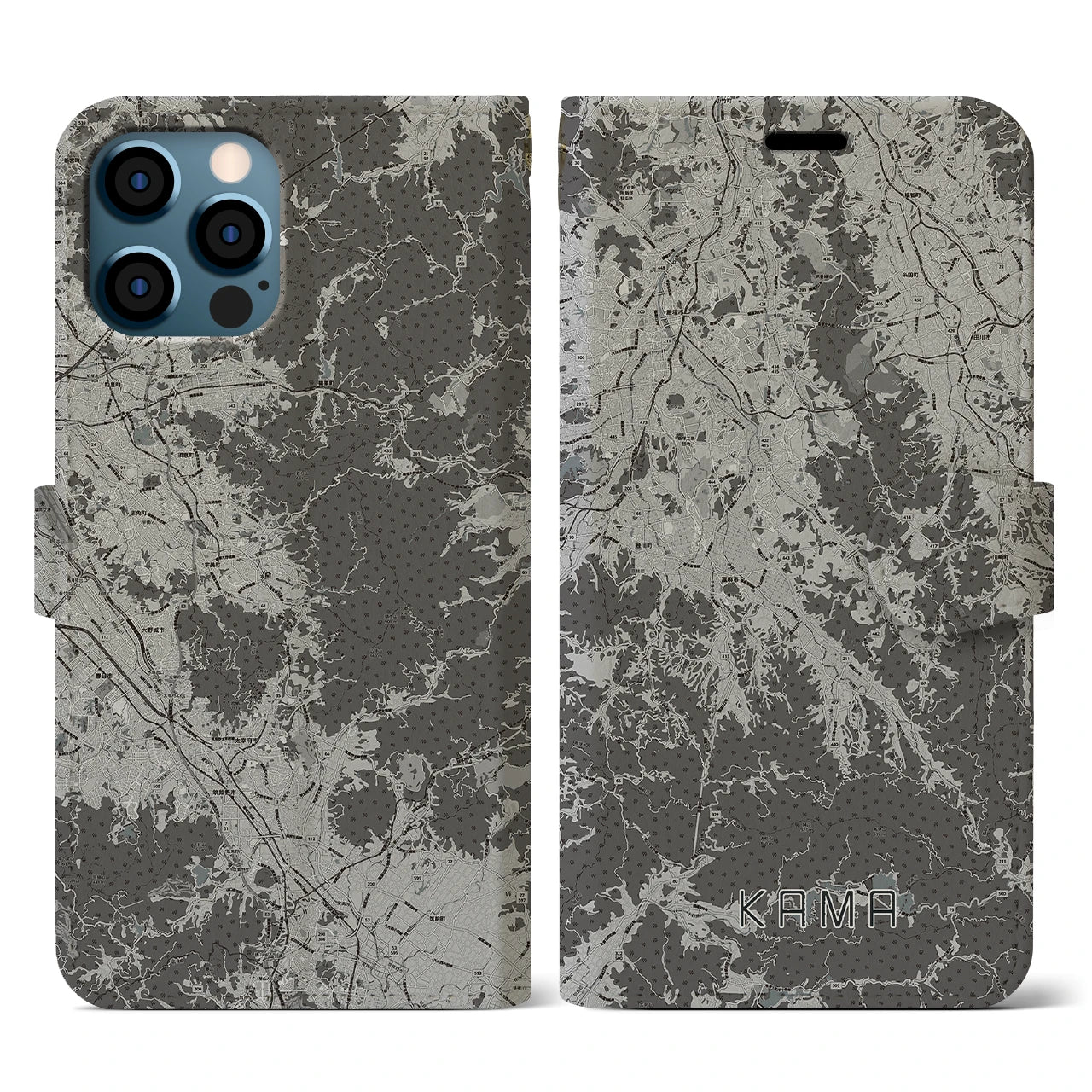 【嘉麻（福岡県）】地図柄iPhoneケース（手帳タイプ）モノトーン・iPhone 12 / 12 Pro 用