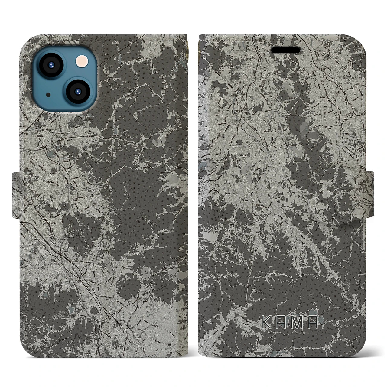 【嘉麻（福岡県）】地図柄iPhoneケース（手帳タイプ）モノトーン・iPhone 13 用