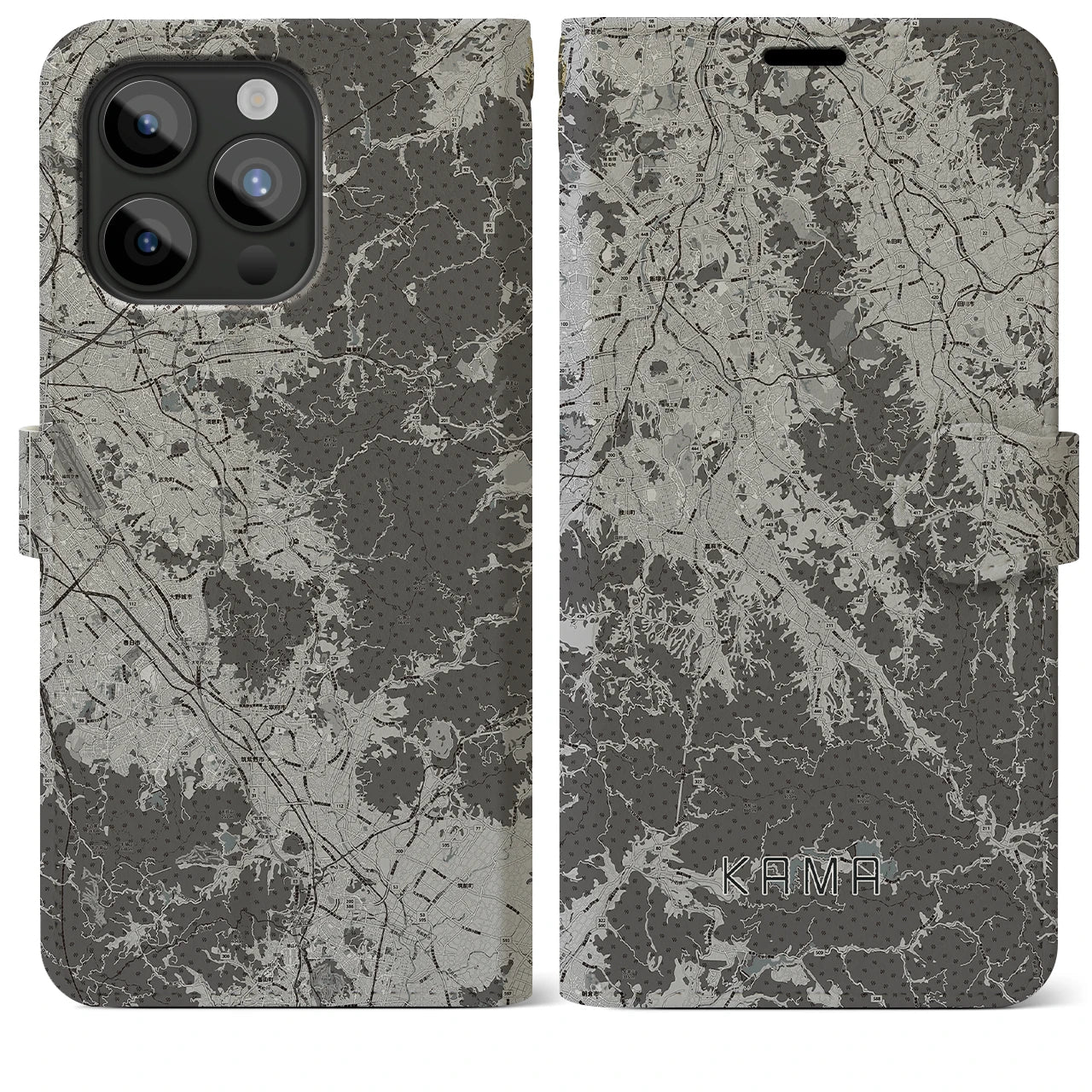 【嘉麻（福岡県）】地図柄iPhoneケース（手帳タイプ）モノトーン・iPhone 15 Pro Max 用
