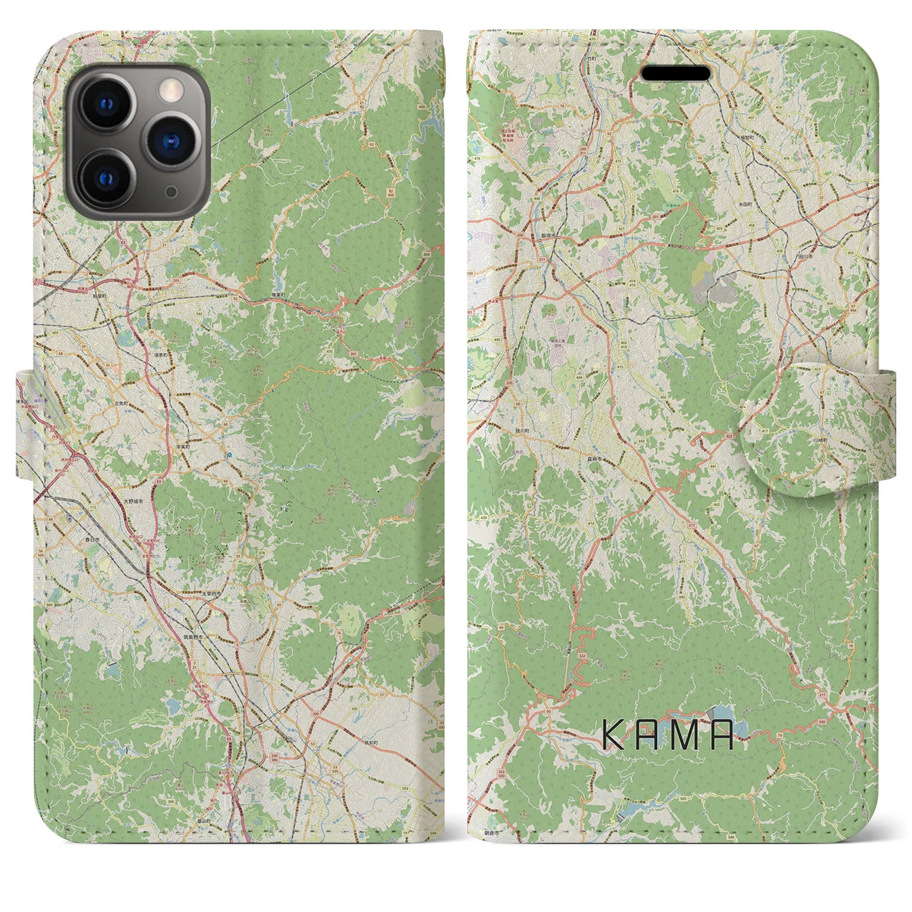 【嘉麻（福岡県）】地図柄iPhoneケース（手帳タイプ）ナチュラル・iPhone 11 Pro Max 用