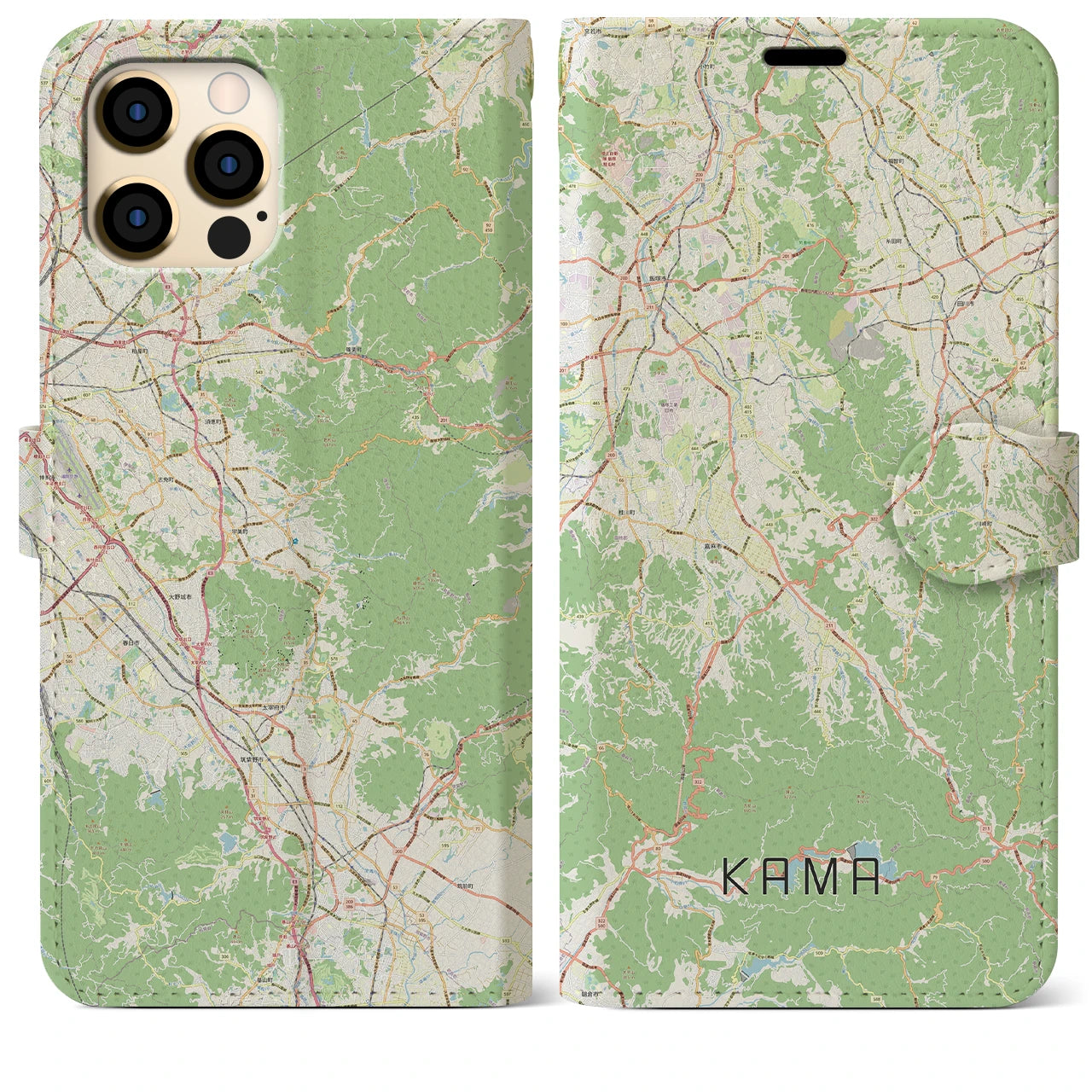 【嘉麻（福岡県）】地図柄iPhoneケース（手帳タイプ）ナチュラル・iPhone 12 Pro Max 用