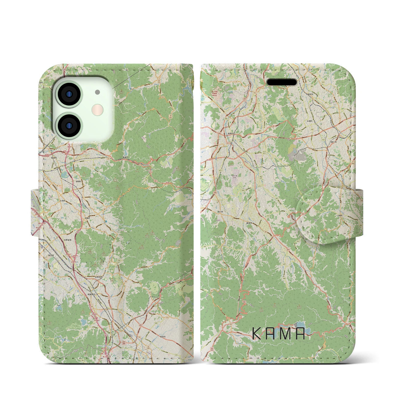 【嘉麻（福岡県）】地図柄iPhoneケース（手帳タイプ）ナチュラル・iPhone 12 mini 用