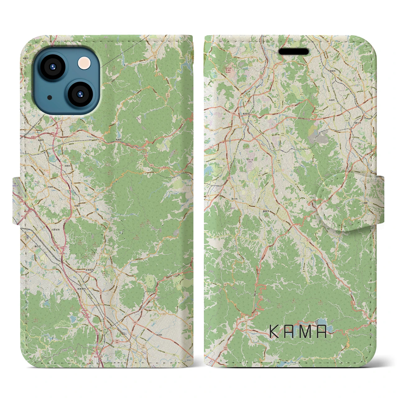 【嘉麻（福岡県）】地図柄iPhoneケース（手帳タイプ）ナチュラル・iPhone 13 用