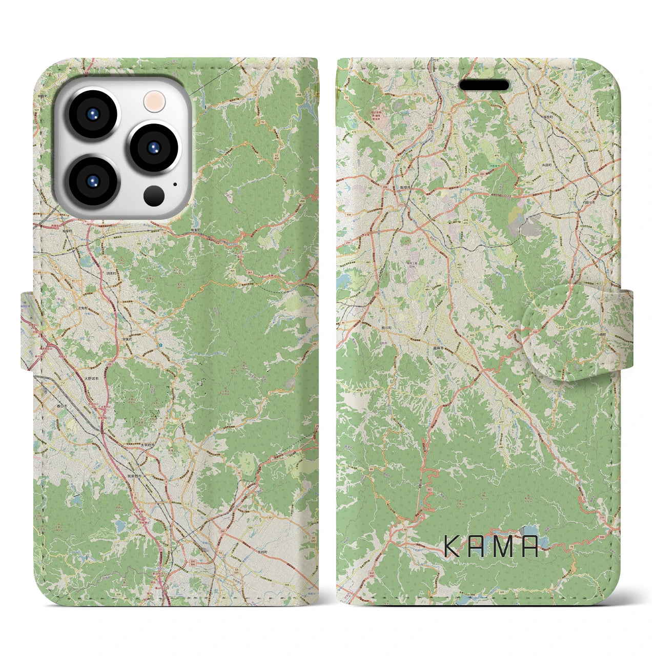 【嘉麻（福岡県）】地図柄iPhoneケース（手帳タイプ）ナチュラル・iPhone 13 Pro 用