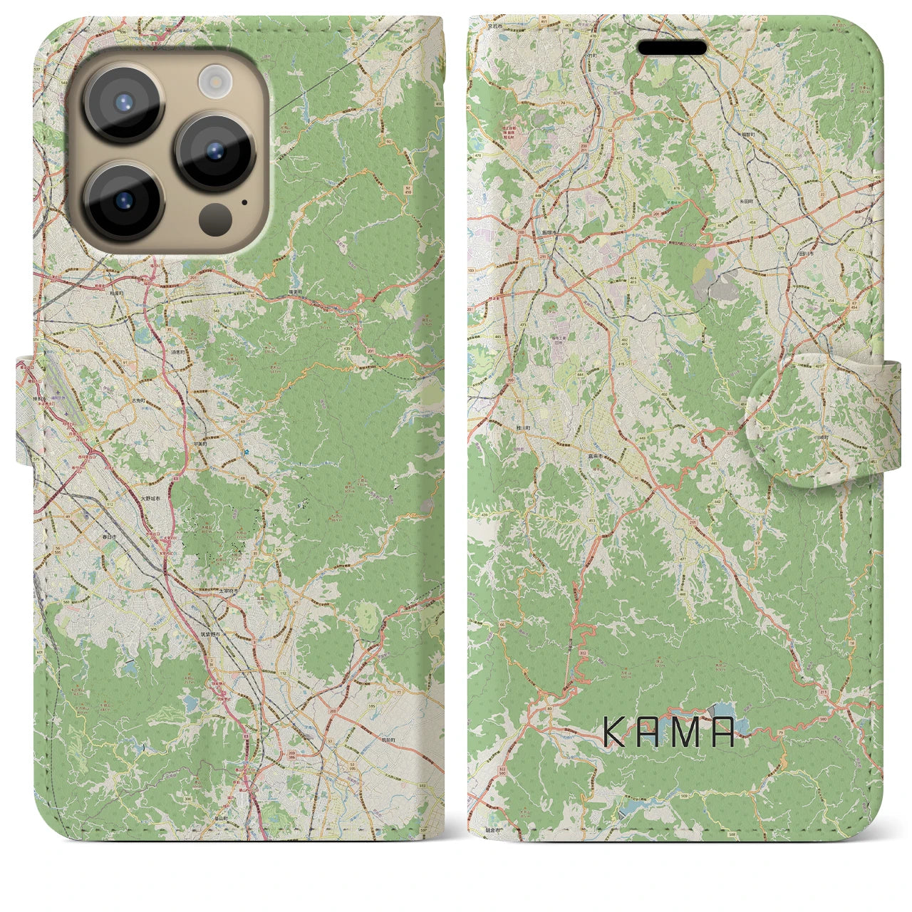 【嘉麻（福岡県）】地図柄iPhoneケース（手帳タイプ）ナチュラル・iPhone 14 Pro Max 用