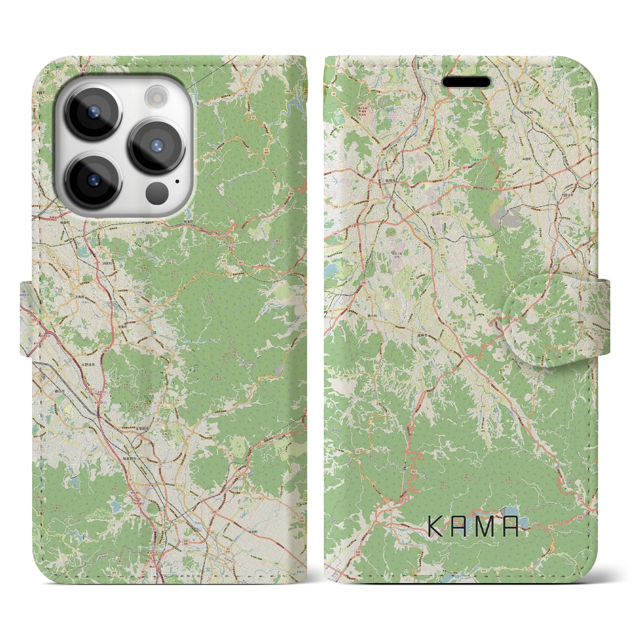 【嘉麻（福岡県）】地図柄iPhoneケース（手帳タイプ）ナチュラル・iPhone 14 Pro 用