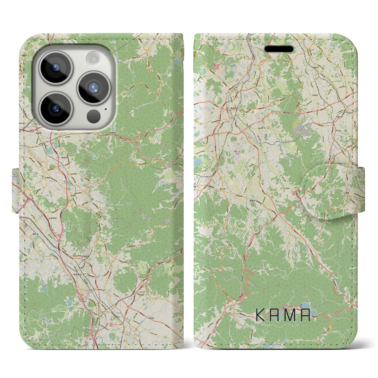 【嘉麻（福岡県）】地図柄iPhoneケース（手帳タイプ）ナチュラル・iPhone 15 Pro 用