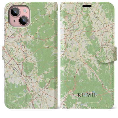 【嘉麻（福岡県）】地図柄iPhoneケース（手帳タイプ）ナチュラル・iPhone 15 Plus 用