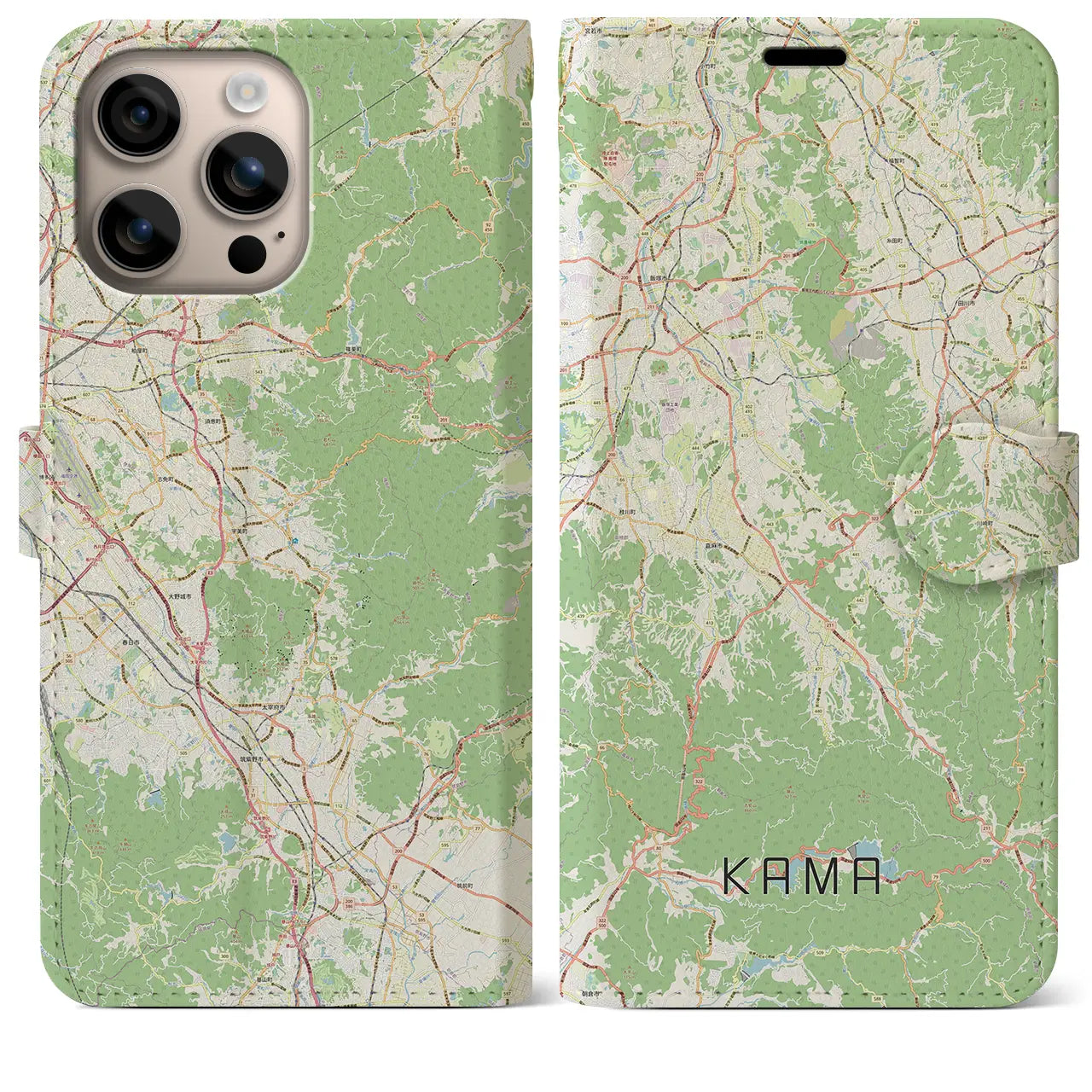 【嘉麻（福岡県）】地図柄iPhoneケース（手帳タイプ）ナチュラル・iPhone 16 Plus 用