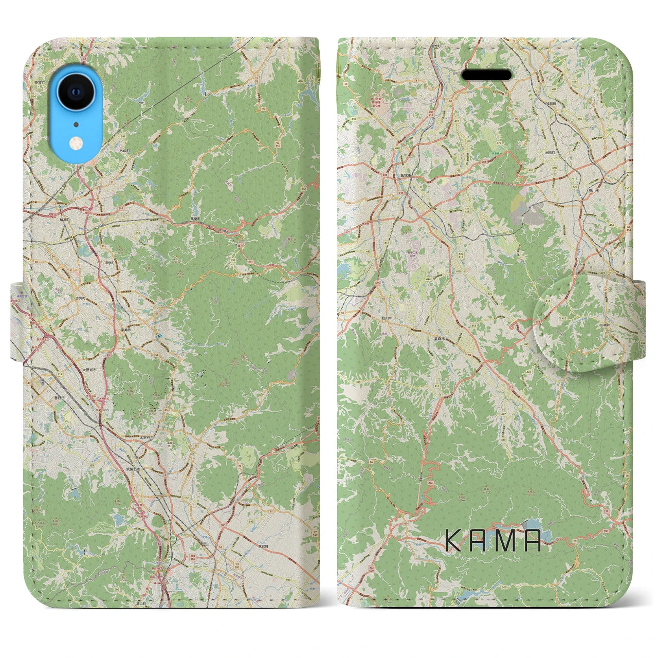 【嘉麻（福岡県）】地図柄iPhoneケース（手帳タイプ）ナチュラル・iPhone XR 用