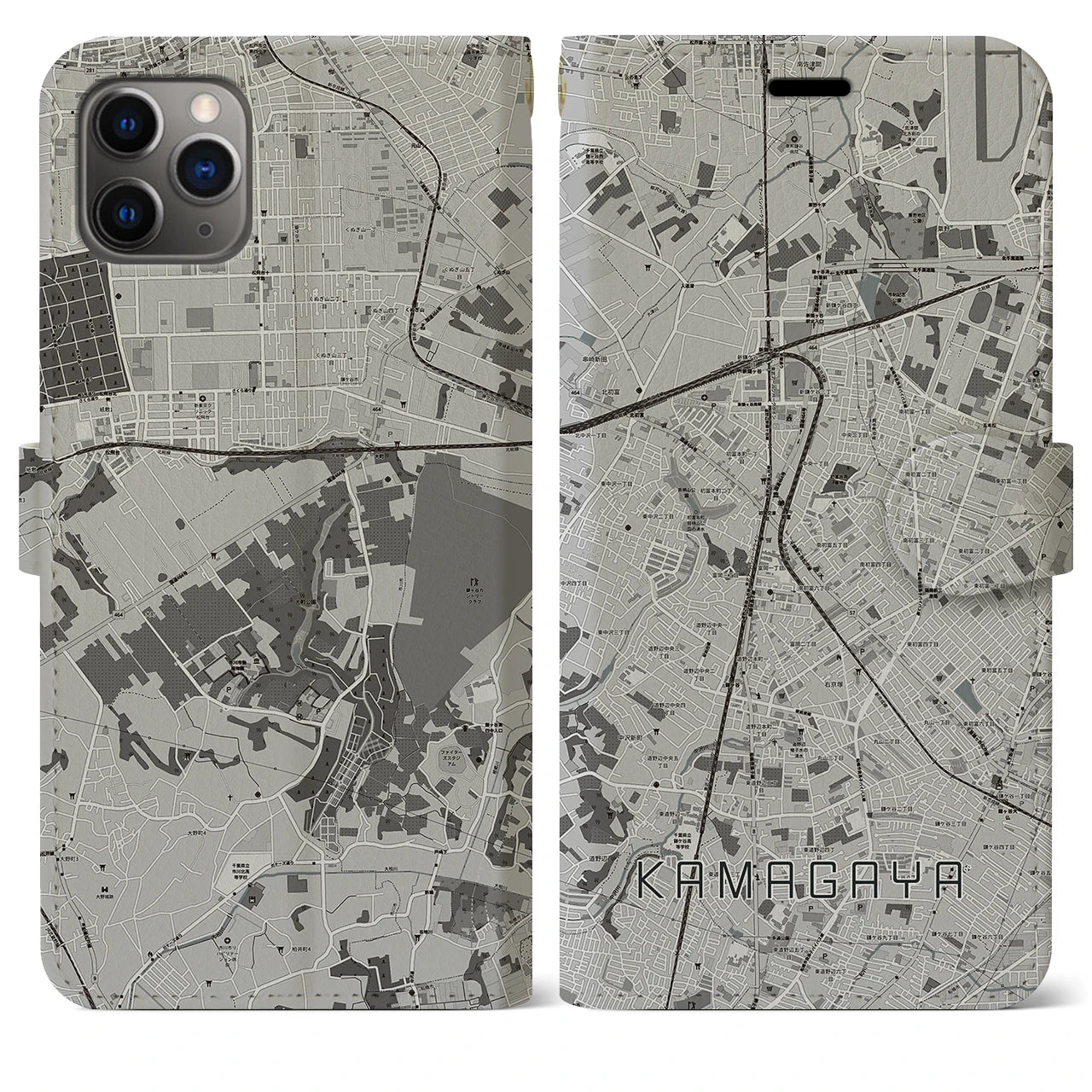 【鎌ケ谷】地図柄iPhoneケース（手帳両面タイプ・モノトーン）iPhone 11 Pro Max 用