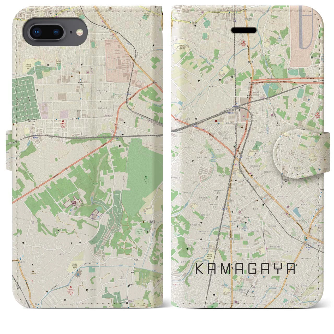 【鎌ケ谷（千葉県）】地図柄iPhoneケース（手帳タイプ）ナチュラル・iPhone 8Plus /7Plus / 6sPlus / 6Plus 用
