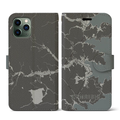 【釜石（岩手県）】地図柄iPhoneケース（手帳タイプ）モノトーン・iPhone 11 Pro 用