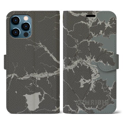 【釜石（岩手県）】地図柄iPhoneケース（手帳タイプ）モノトーン・iPhone 12 / 12 Pro 用