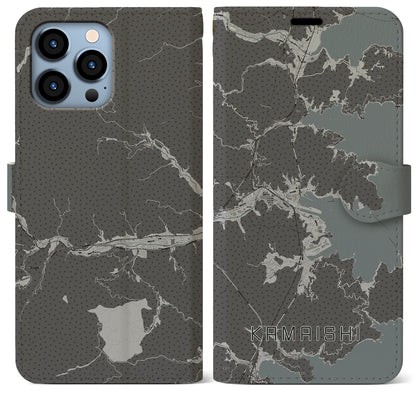 【釜石（岩手県）】地図柄iPhoneケース（手帳タイプ）モノトーン・iPhone 13 Pro Max 用