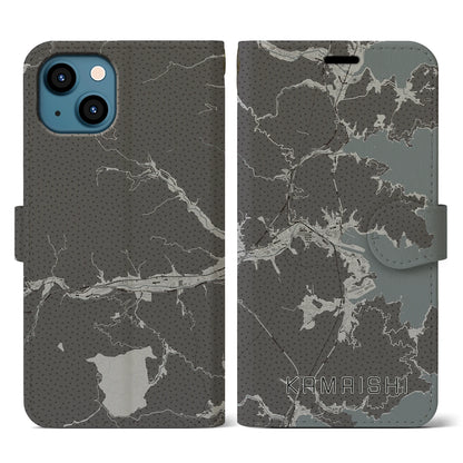 【釜石（岩手県）】地図柄iPhoneケース（手帳タイプ）モノトーン・iPhone 13 用