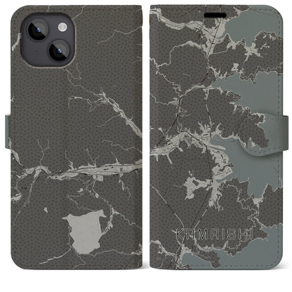 【釜石（岩手県）】地図柄iPhoneケース（手帳タイプ）モノトーン・iPhone 14 Plus 用