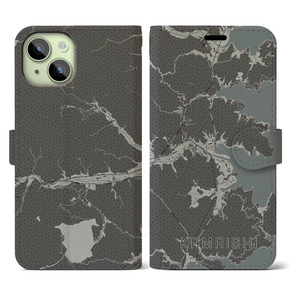 【釜石（岩手県）】地図柄iPhoneケース（手帳タイプ）モノトーン・iPhone 15 用