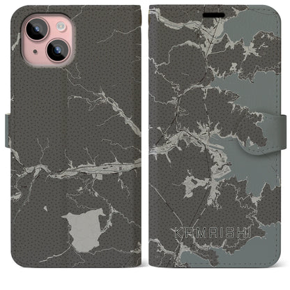 【釜石（岩手県）】地図柄iPhoneケース（手帳タイプ）モノトーン・iPhone 15 Plus 用