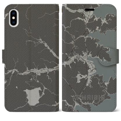 【釜石（岩手県）】地図柄iPhoneケース（手帳タイプ）モノトーン・iPhone XS Max 用