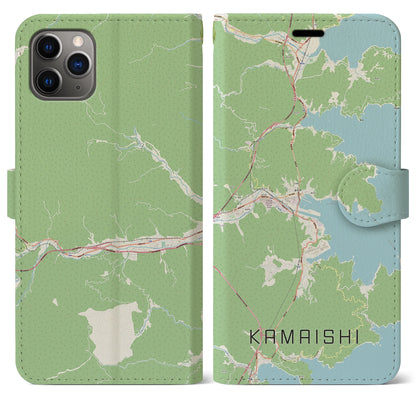 【釜石（岩手県）】地図柄iPhoneケース（手帳タイプ）ナチュラル・iPhone 11 Pro Max 用