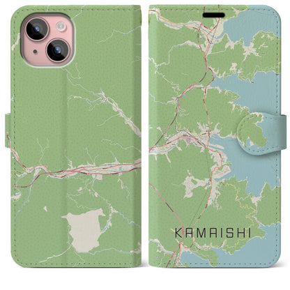 【釜石（岩手県）】地図柄iPhoneケース（手帳タイプ）ナチュラル・iPhone 15 Plus 用