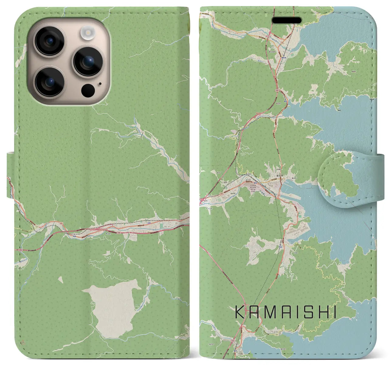 【釜石（岩手県）】地図柄iPhoneケース（手帳タイプ）ナチュラル・iPhone 16 Plus 用