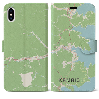 【釜石（岩手県）】地図柄iPhoneケース（手帳タイプ）ナチュラル・iPhone XS Max 用