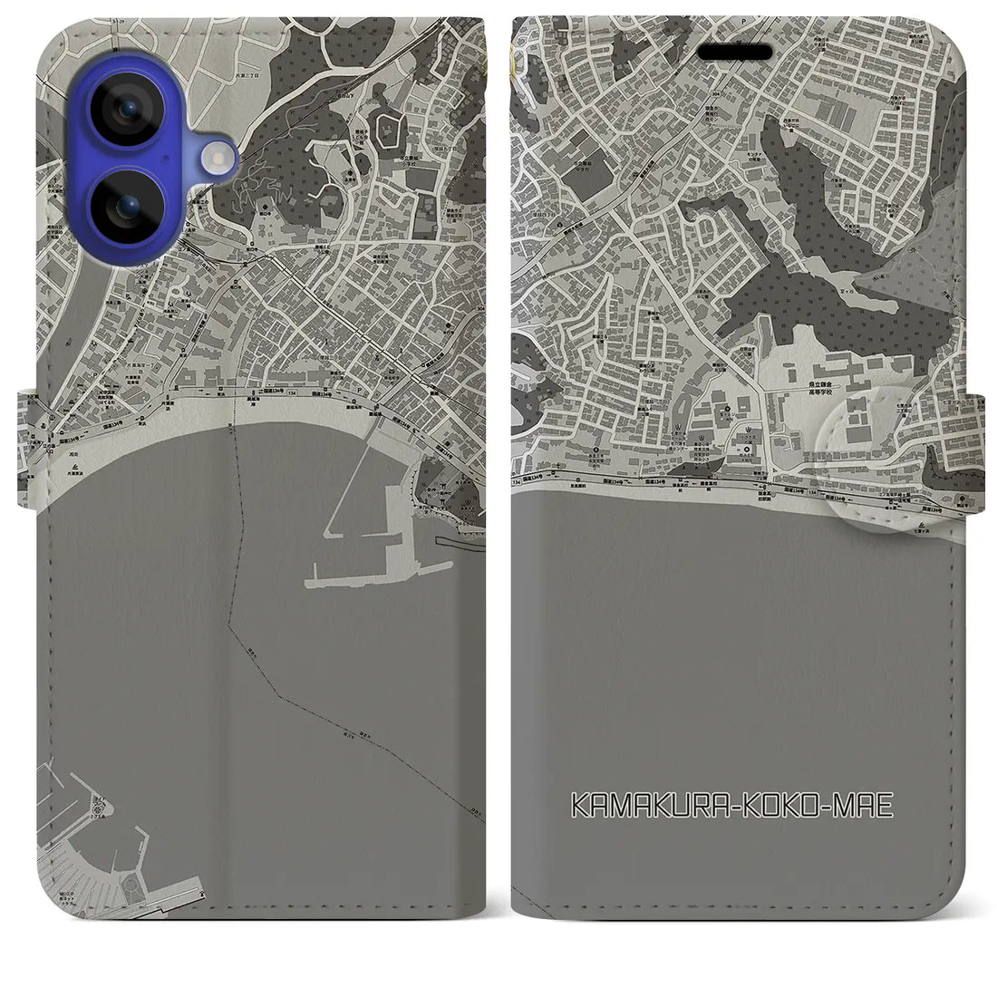 【鎌倉高校前(神奈川県)】地図柄iPhoneケース(手帳タイプ)モノトーン・iPhone 16 Pro Max 用
