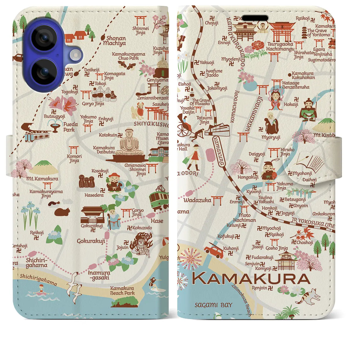 【鎌倉(イラスト)】イラストマップiPhoneケース(手帳タイプ)ブライト・iPhone 16 Pro Max 用