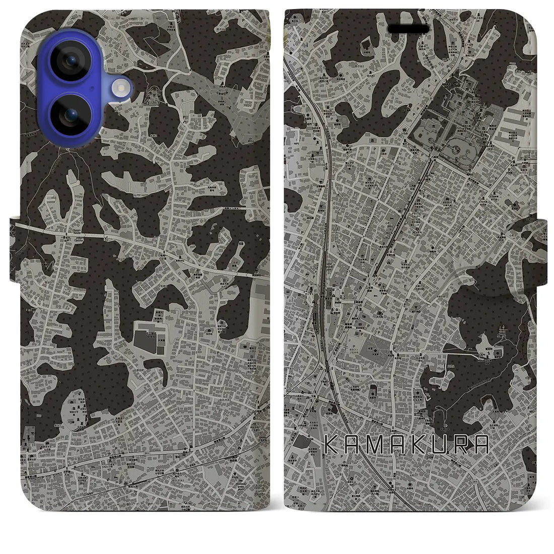 【鎌倉2(神奈川県)】地図柄iPhoneケース(手帳タイプ)モノトーン・iPhone 16 Pro Max 用