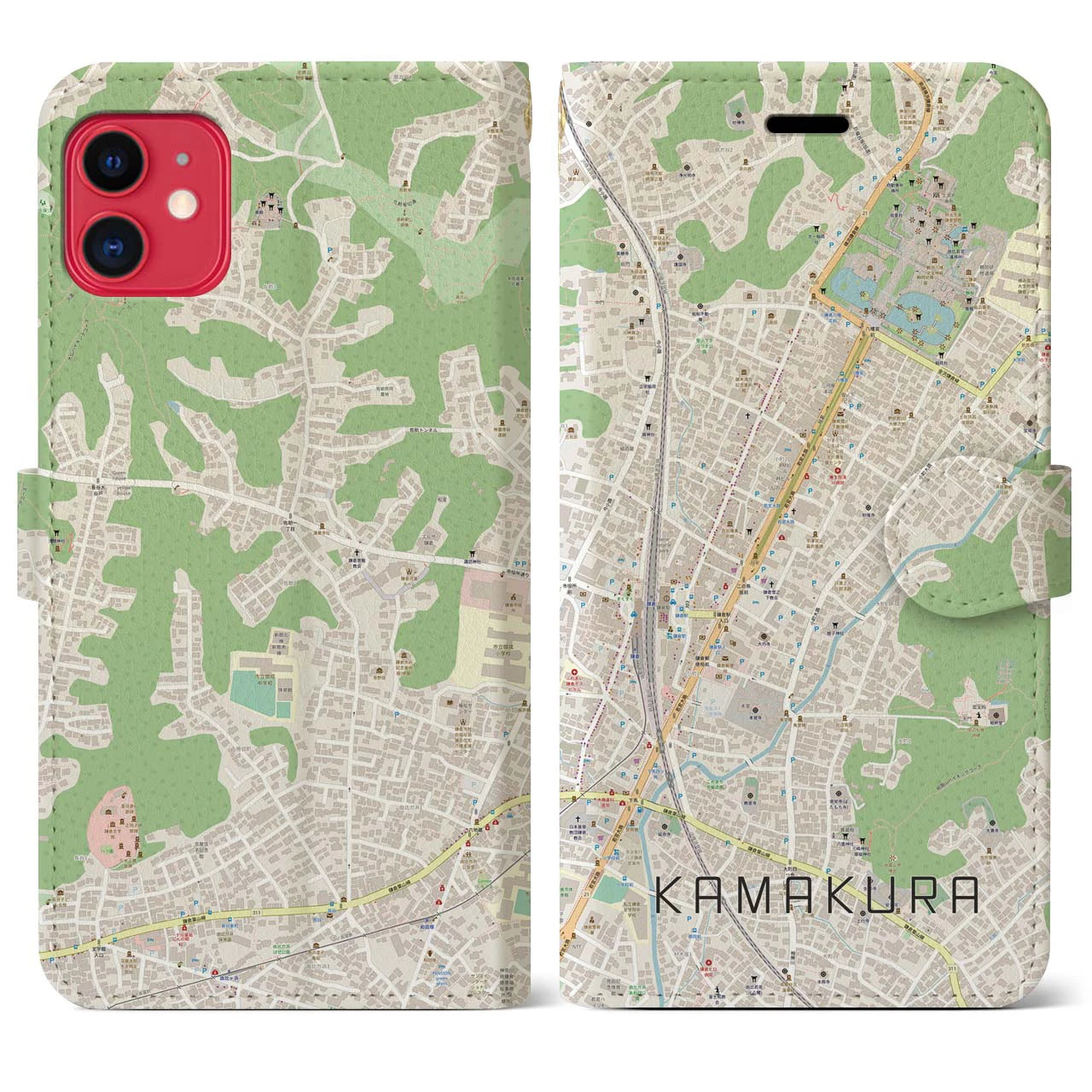 【鎌倉2（神奈川県）】地図柄iPhoneケース（手帳タイプ）ナチュラル・iPhone 11 用