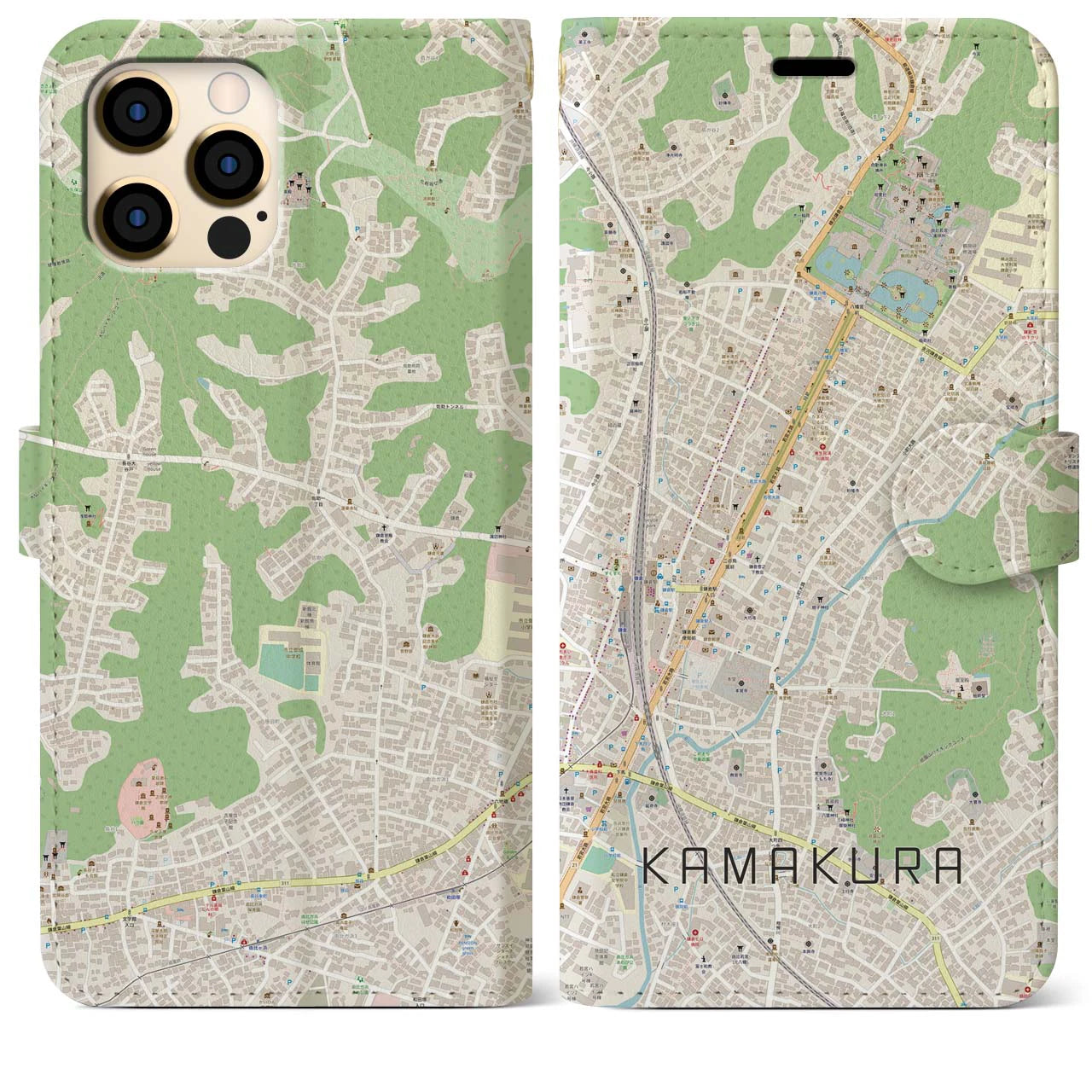 【鎌倉2（神奈川県）】地図柄iPhoneケース（手帳タイプ）ナチュラル・iPhone 12 Pro Max 用