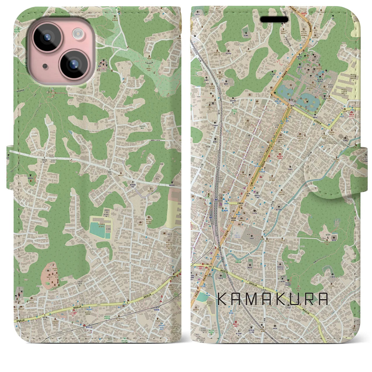 【鎌倉2（神奈川県）】地図柄iPhoneケース（手帳タイプ）ナチュラル・iPhone 15 Plus 用