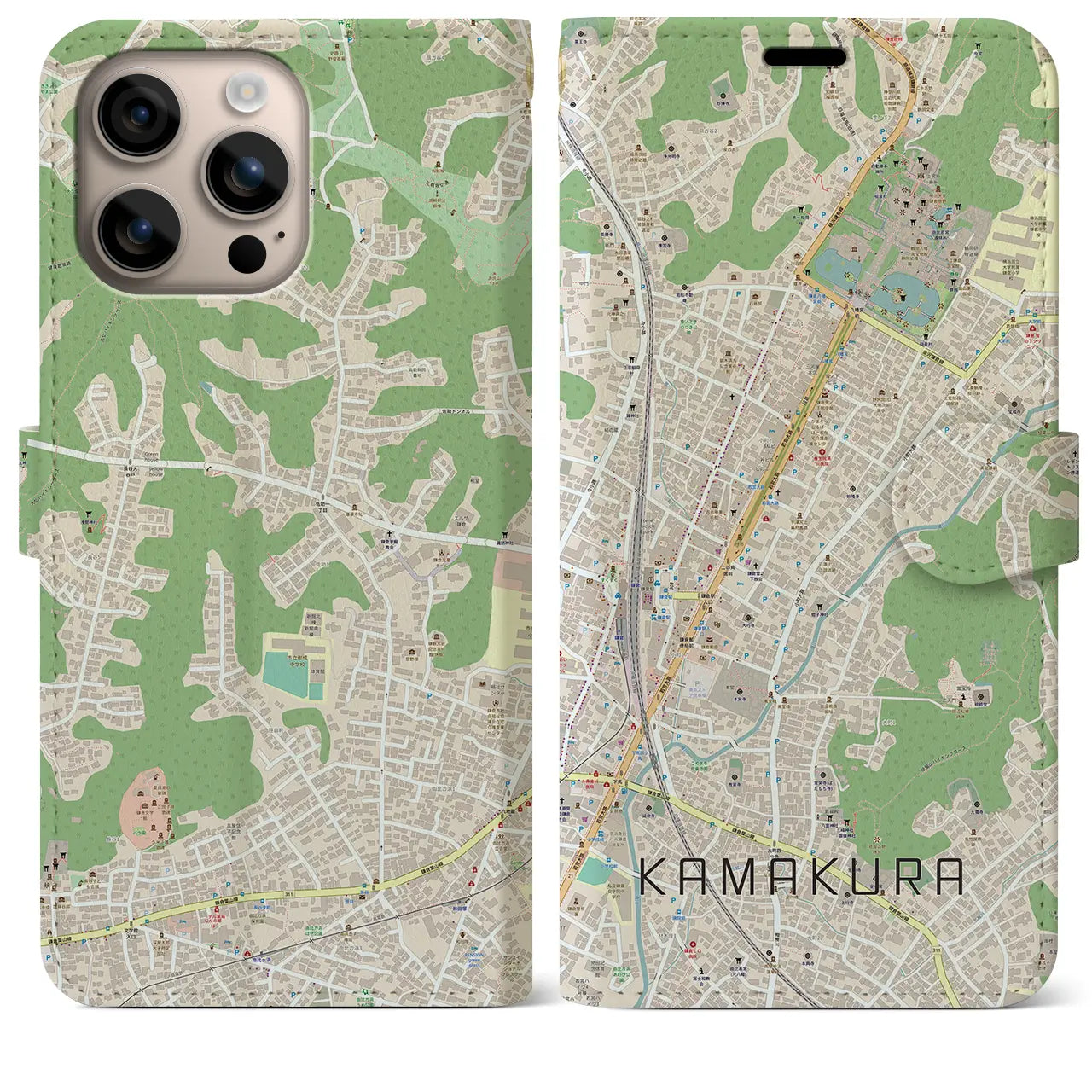 【鎌倉2（神奈川県）】地図柄iPhoneケース（手帳タイプ）ナチュラル・iPhone 16 Plus 用