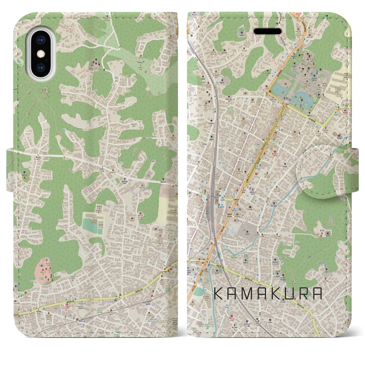 【鎌倉2（神奈川県）】地図柄iPhoneケース（手帳タイプ）ナチュラル・iPhone XS Max 用