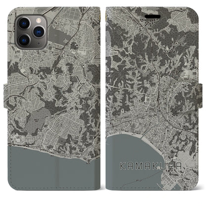 【鎌倉（神奈川県）】地図柄iPhoneケース（手帳タイプ）モノトーン・iPhone 11 Pro Max 用