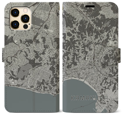 【鎌倉（神奈川県）】地図柄iPhoneケース（手帳タイプ）モノトーン・iPhone 12 Pro Max 用