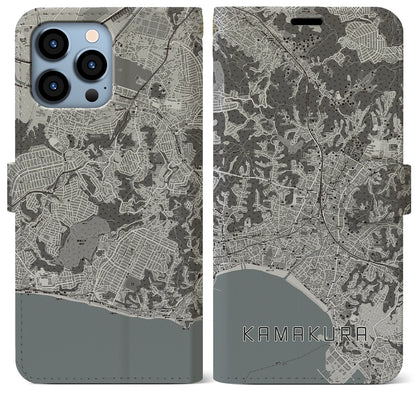 【鎌倉（神奈川県）】地図柄iPhoneケース（手帳タイプ）モノトーン・iPhone 13 Pro Max 用