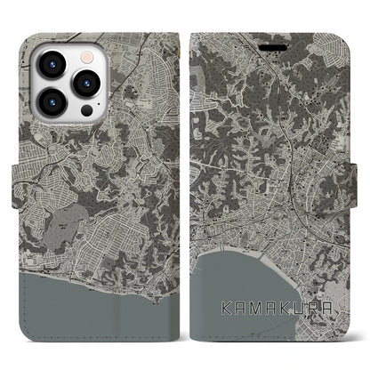 【鎌倉（神奈川県）】地図柄iPhoneケース（手帳タイプ）モノトーン・iPhone 13 Pro 用