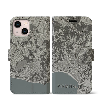 【鎌倉（神奈川県）】地図柄iPhoneケース（手帳タイプ）モノトーン・iPhone 13 mini 用