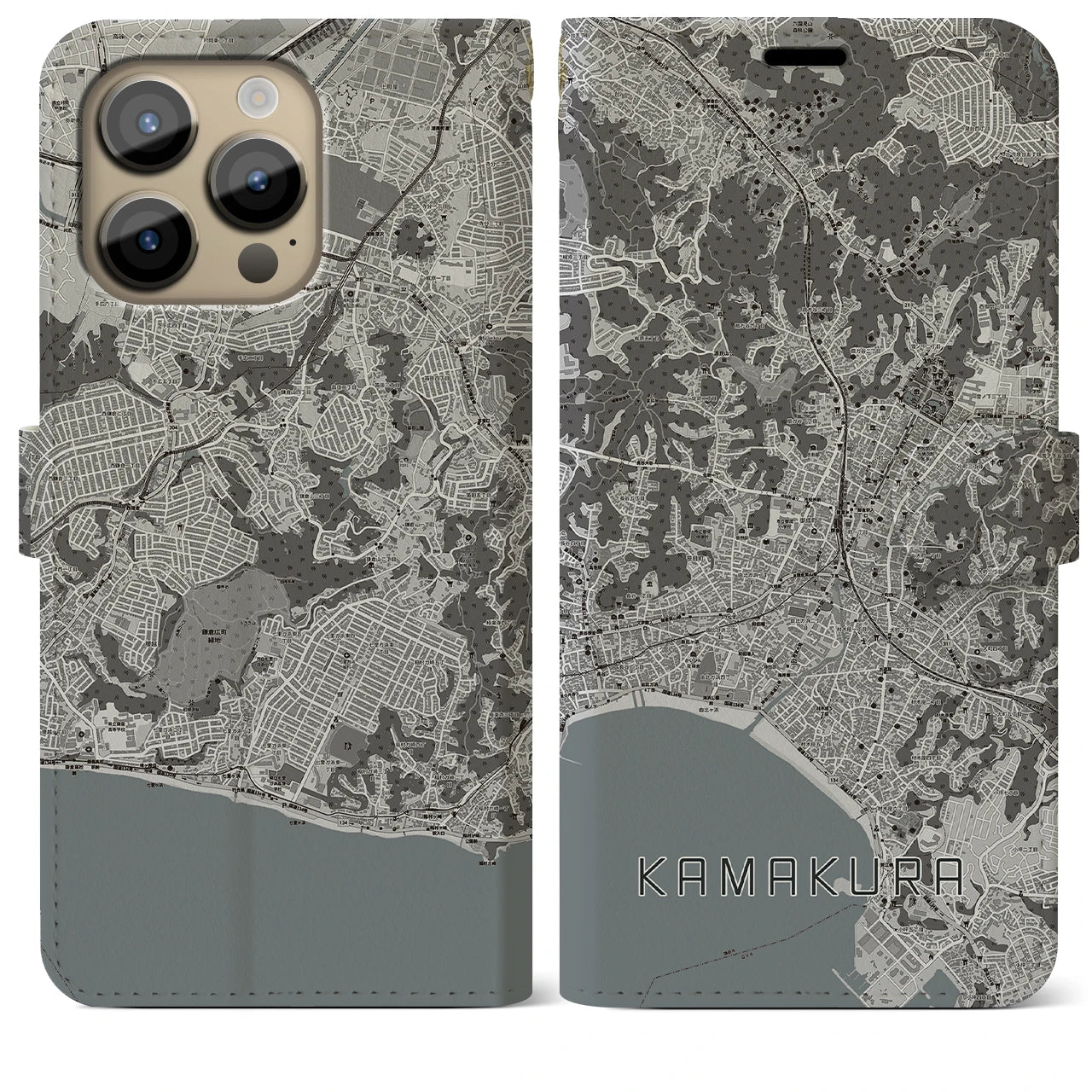 【鎌倉】地図柄iPhoneケース（手帳両面タイプ・モノトーン）iPhone 14 Pro Max 用