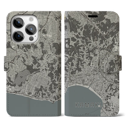 【鎌倉（神奈川県）】地図柄iPhoneケース（手帳タイプ）モノトーン・iPhone 14 Pro 用