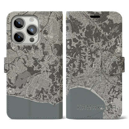 【鎌倉（神奈川県）】地図柄iPhoneケース（手帳タイプ）モノトーン・iPhone 15 Pro 用