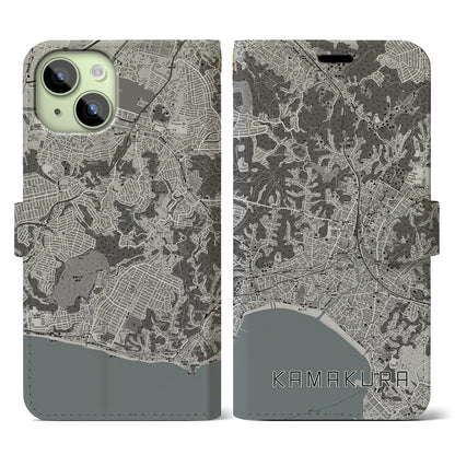 【鎌倉（神奈川県）】地図柄iPhoneケース（手帳タイプ）モノトーン・iPhone 15 用