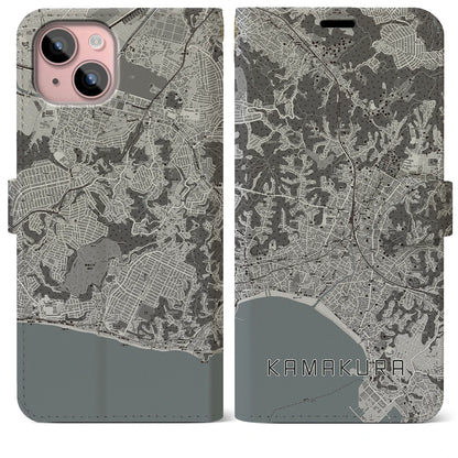 【鎌倉（神奈川県）】地図柄iPhoneケース（手帳タイプ）モノトーン・iPhone 15 Plus 用