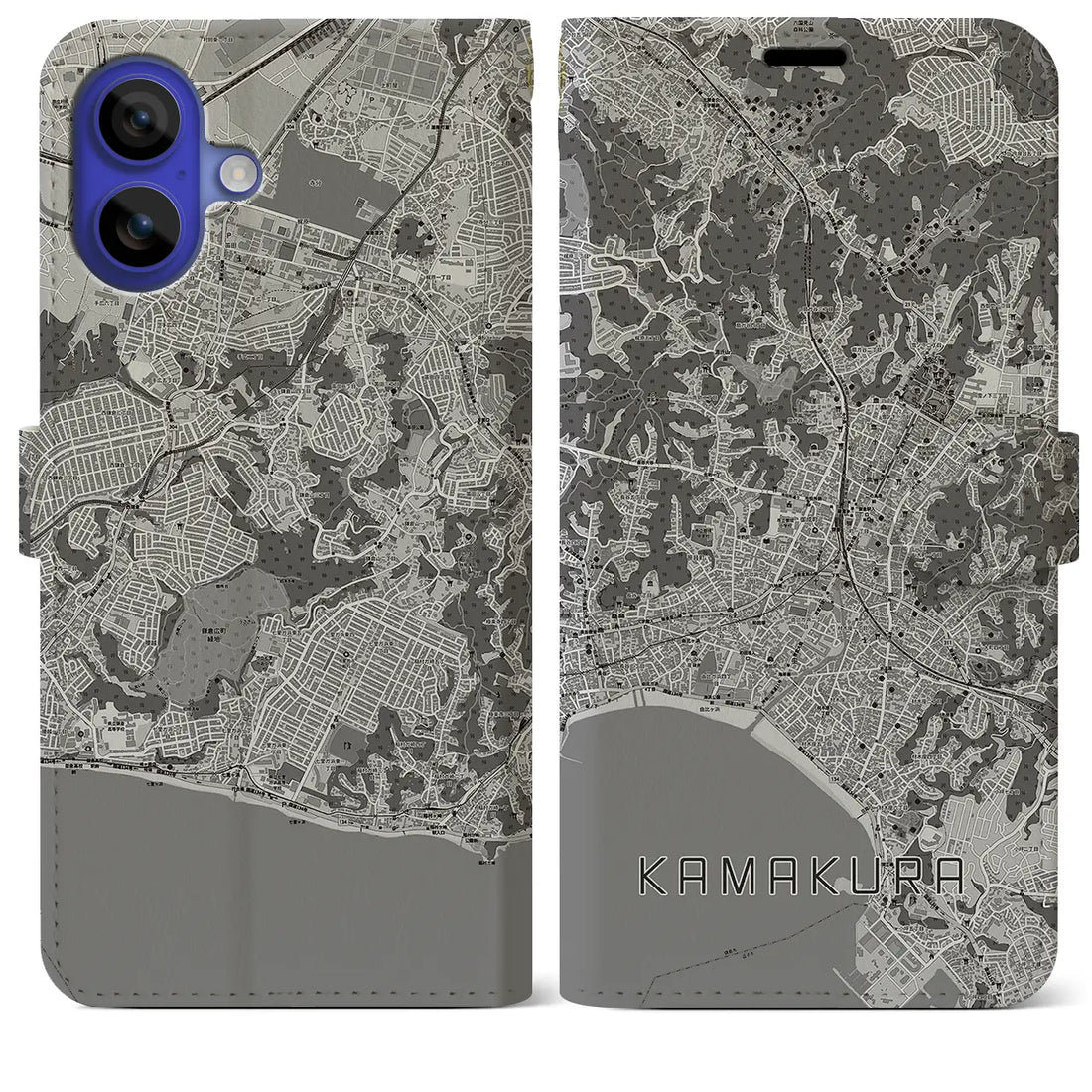 【鎌倉(神奈川県)】地図柄iPhoneケース(手帳タイプ)モノトーン・iPhone 16 Pro Max 用