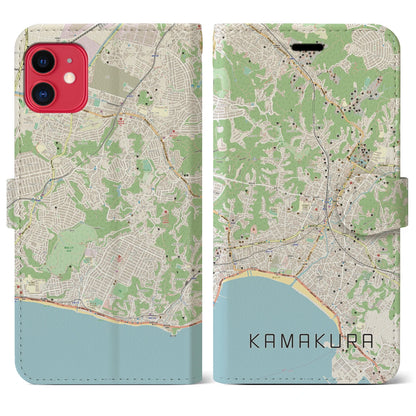 【鎌倉（神奈川県）】地図柄iPhoneケース（手帳タイプ）ナチュラル・iPhone 11 用