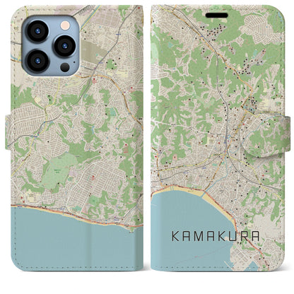 【鎌倉（神奈川県）】地図柄iPhoneケース（手帳タイプ）ナチュラル・iPhone 13 Pro Max 用