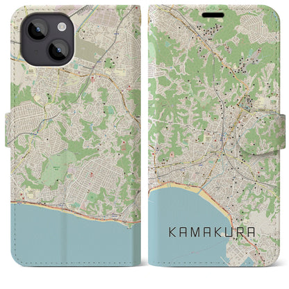 【鎌倉（神奈川県）】地図柄iPhoneケース（手帳タイプ）ナチュラル・iPhone 14 Plus 用